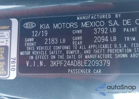 2020 Kia Forte Lxs z USA, uszkodzony, nr VIN 3KPF24AD8LE209379